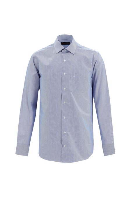 Koyu Lacivert Uzun Kol Klasik Çizgili Pamuk Gömlek