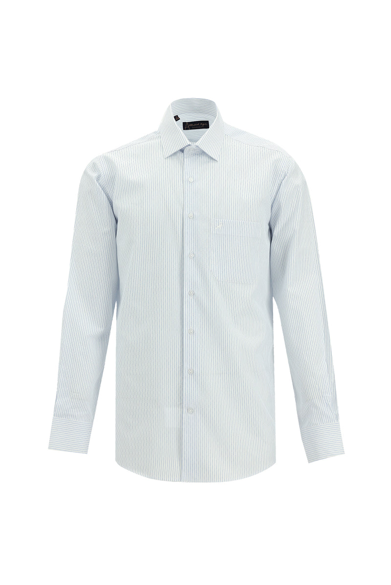Açık Mavi Uzun Kol Klasik Çizgili Pamuk Gömlek