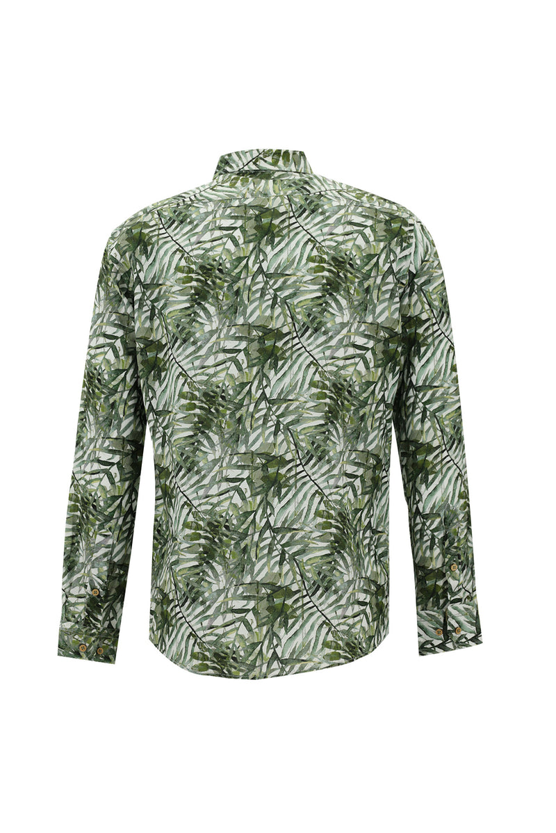 Koyu Yeşil Uzun Kol Slim Fit Dar Kesim Baskılı Pamuk Gömlek
