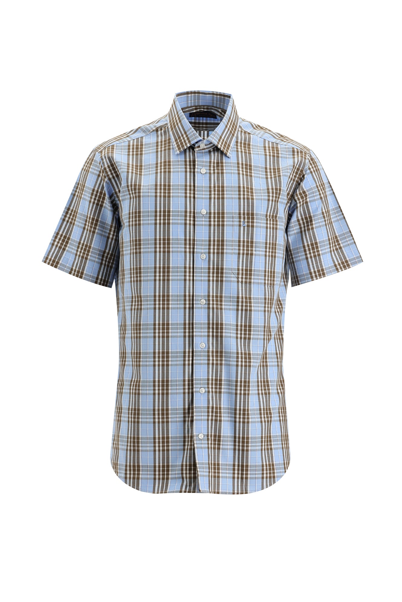 Açık Mavi Kısa Kol Regular Fit Ekose Pamuk Gömlek