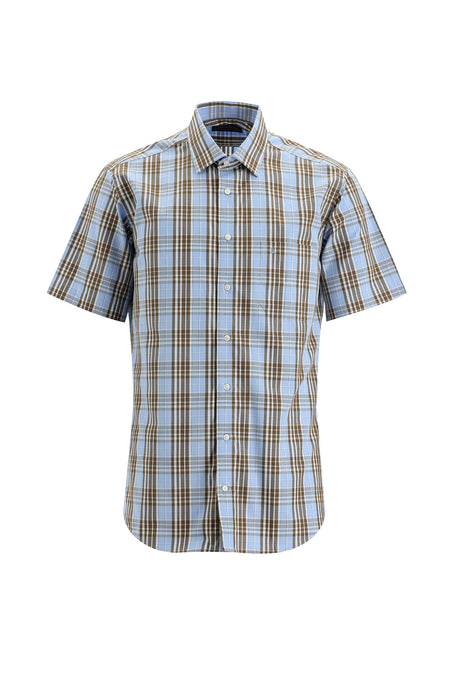 Açık Mavi Kısa Kol Regular Fit Ekose Pamuk Gömlek