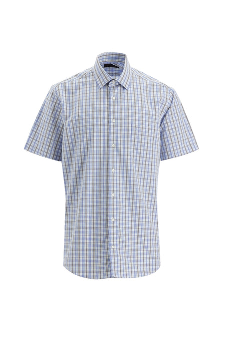 Açık Mavi Kısa Kol Regular Fit Ekose Pamuk Gömlek