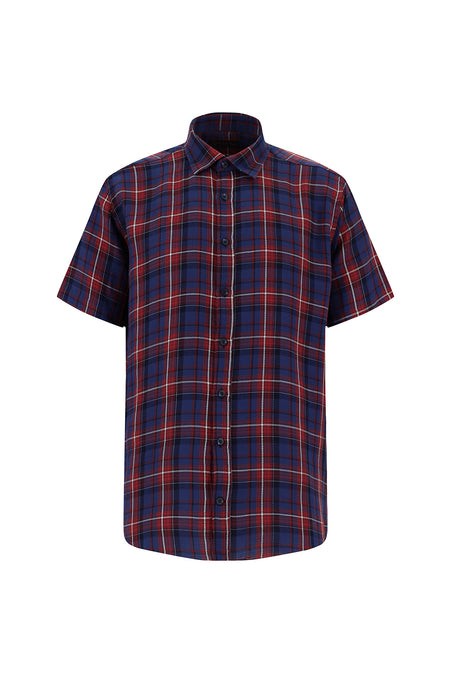 Mercan Kırmızı Kısa Kol Regular Fit Ekose Spor Pamuk Gömlek