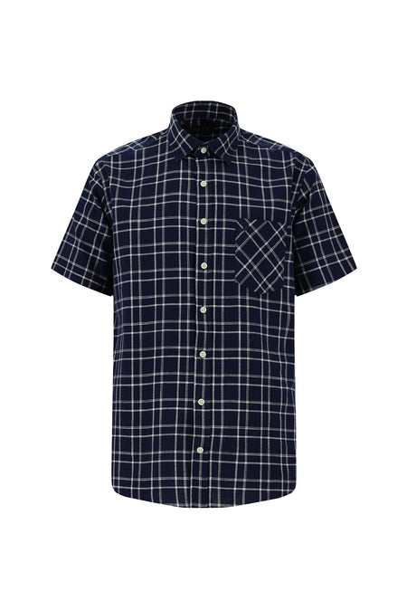 Orta Lacivert Kısa Kol Regular Fit Ekose Spor Pamuk Gömlek