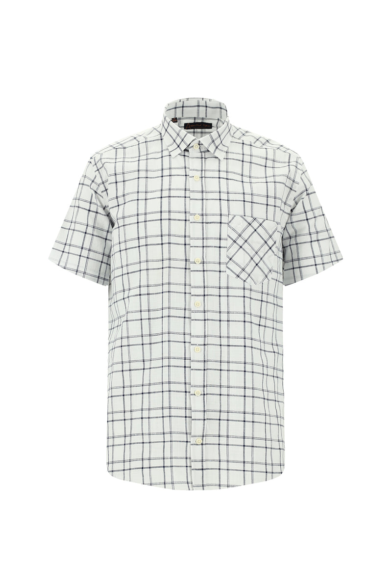 Kırık Beyaz Kısa Kol Regular Fit Ekose Spor Pamuk Gömlek