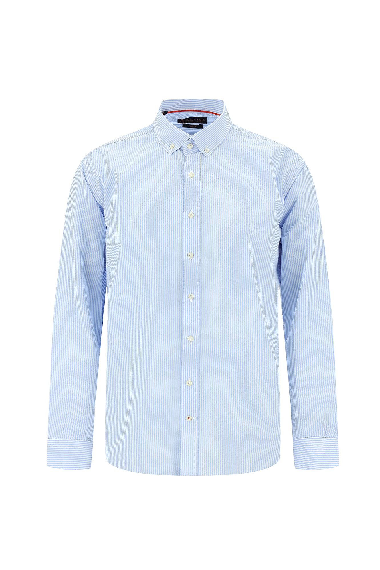 Açık Mavi Uzun Kol Slim Fit Dar Kesim Çizgili Gofre Spor Pamuk Gömlek