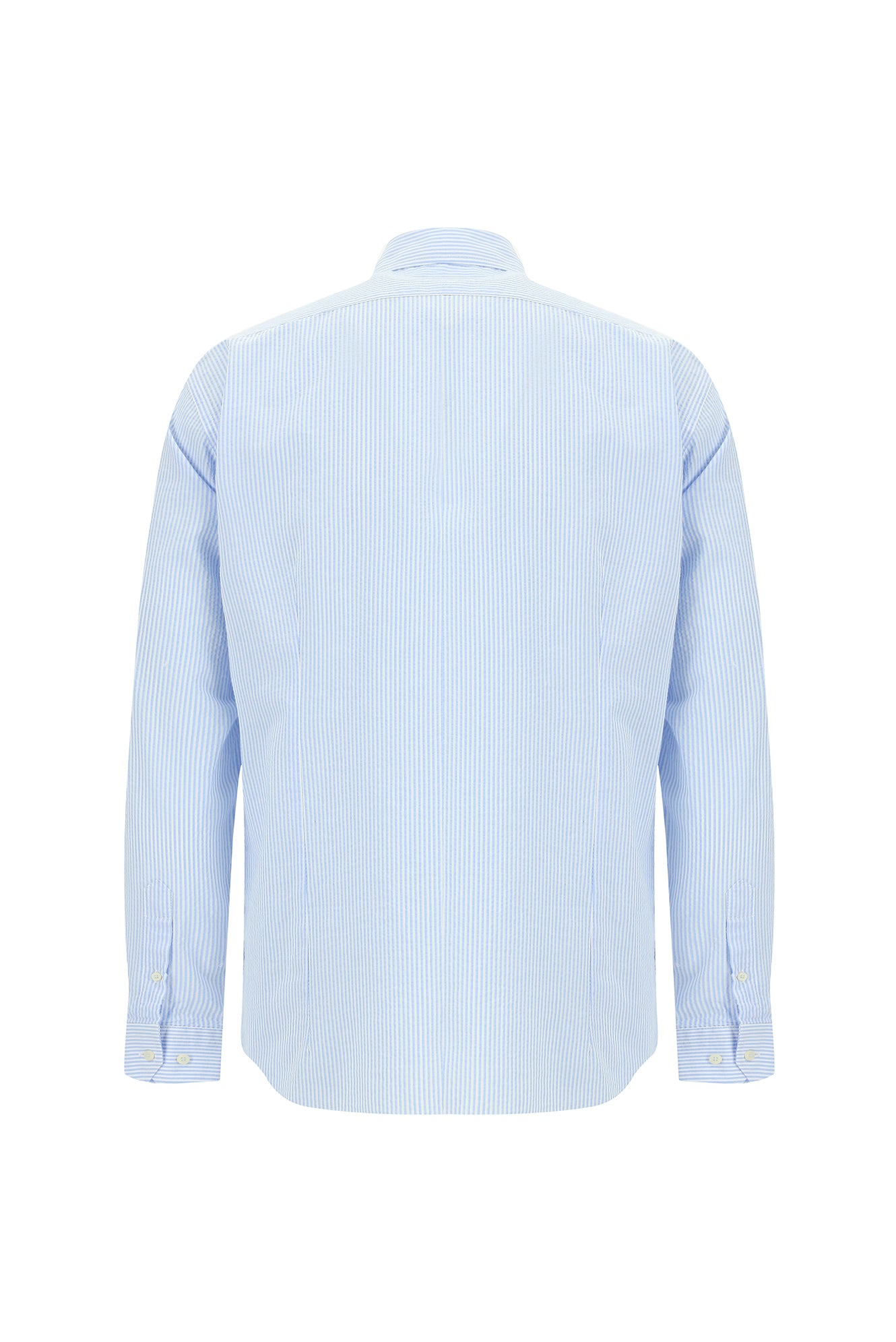 Açık Mavi Uzun Kol Slim Fit Dar Kesim Çizgili Gofre Spor Pamuk Gömlek