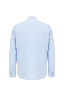 Açık Mavi Uzun Kol Slim Fit Dar Kesim Çizgili Gofre Spor Pamuk Gömlek