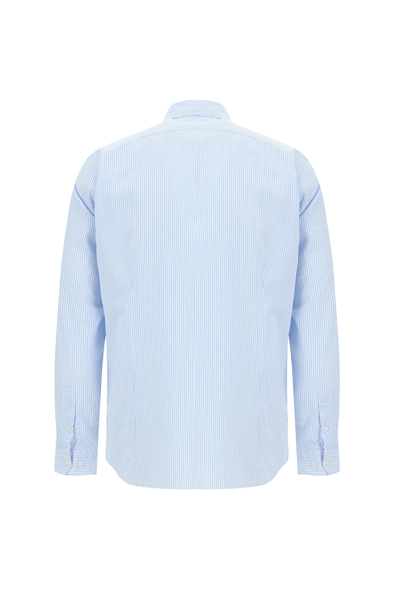Açık Mavi Uzun Kol Slim Fit Dar Kesim Çizgili Gofre Spor Pamuk Gömlek
