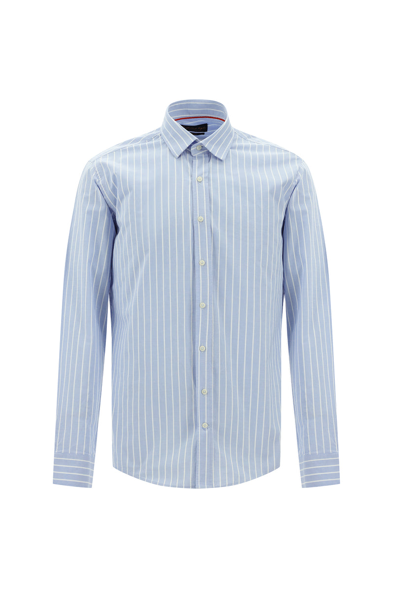 Açık Mavi Uzun Kol Slim Fit Dar Kesim Çizgili Pamuklu Gömlek