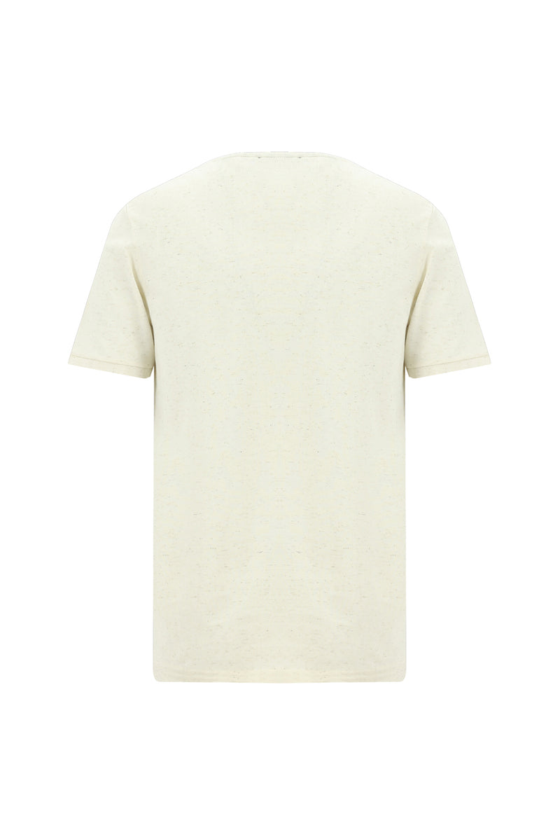 Açık Bej Bisiklet Yaka Regular Fit Desenli Pamuklu Keten T-shirt