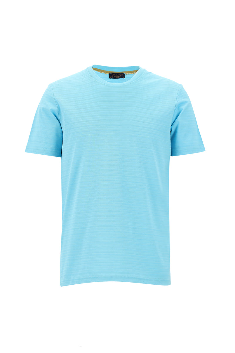 Açık Turkuaz Bisiklet Yaka Slim Fit Dar Kesim Desenli Merserize Pamuk T-shirt