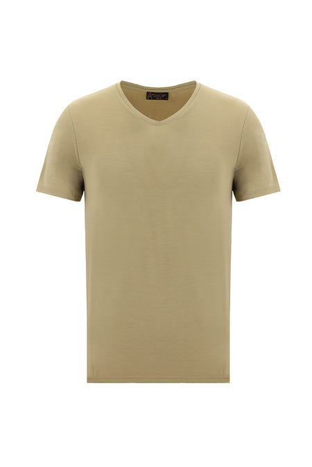 Orta Kahve V Yaka Slim Fit Dar Kesim T-shirt