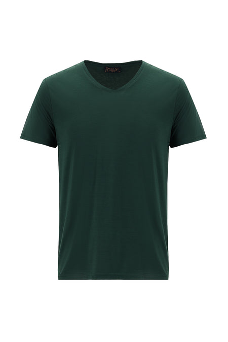 Koyu Yeşil V Yaka Slim Fit Dar Kesim Süprem Likralı T-shirt