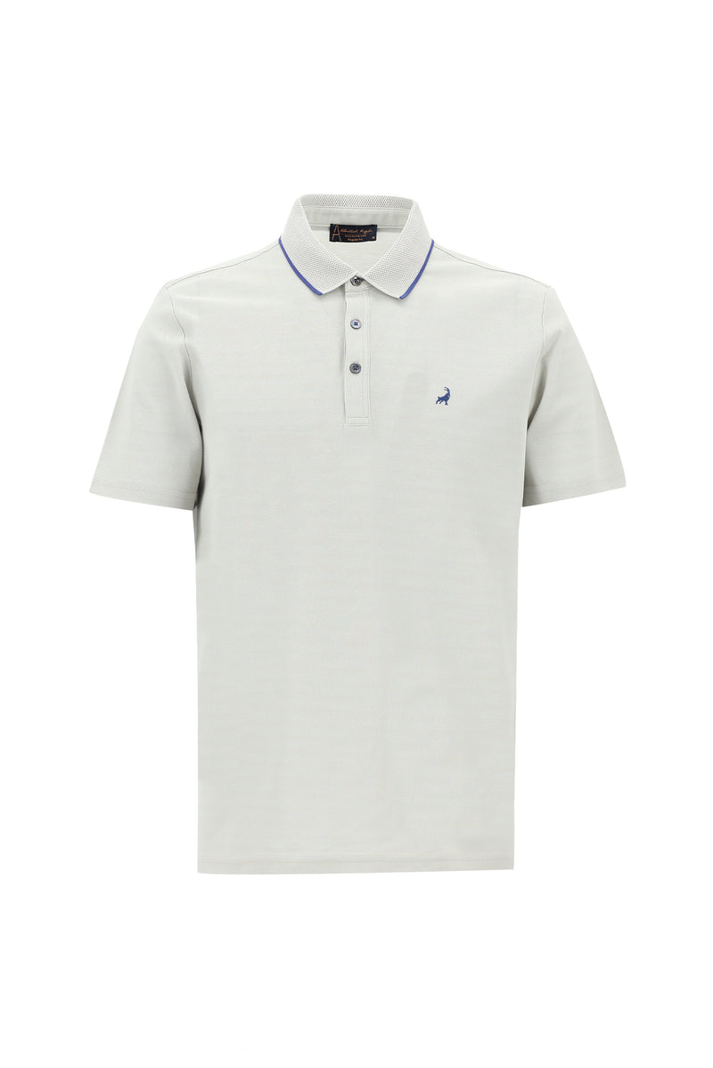 Açık Gri Polo Yaka Regular Fit Nakışlı Merserize Pamuk T-shirt