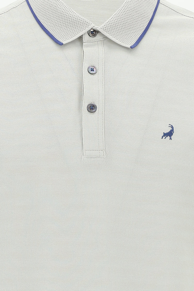 Açık Gri Polo Yaka Regular Fit Nakışlı Merserize Pamuk T-shirt