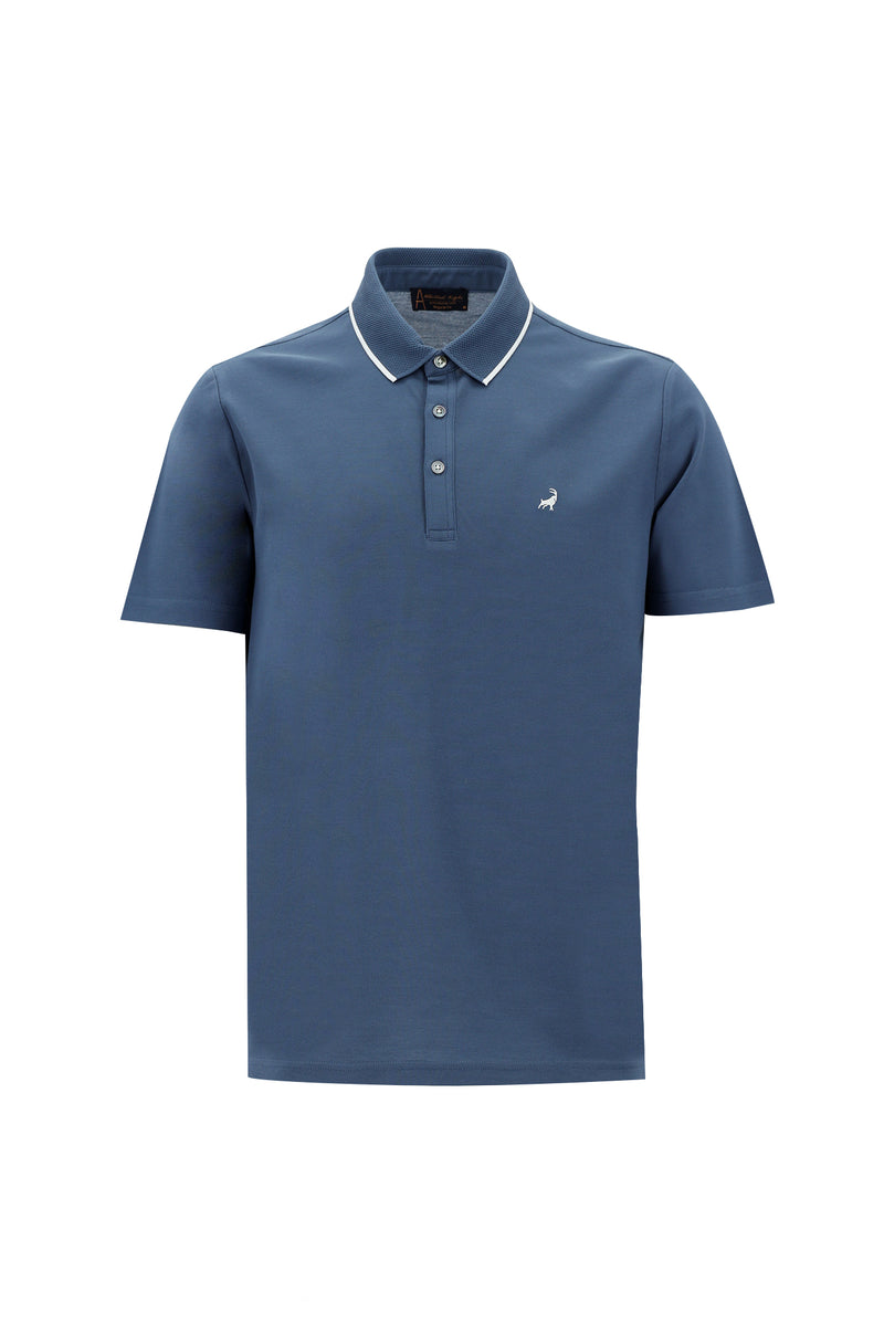 Mavi Polo Yaka Regular Fit Nakışlı Merserize Pamuk T-shirt