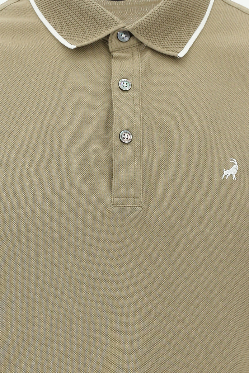 Koyu Bej Polo Yaka Regular Fit Nakışlı Merserize Pamuk T-shirt