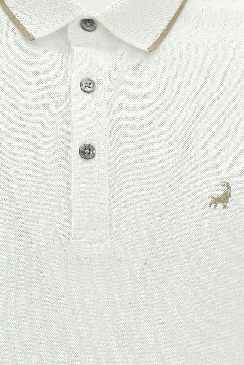 Beyaz Polo Yaka Regular Fit Nakışlı Merserize Pamuk T-shirt