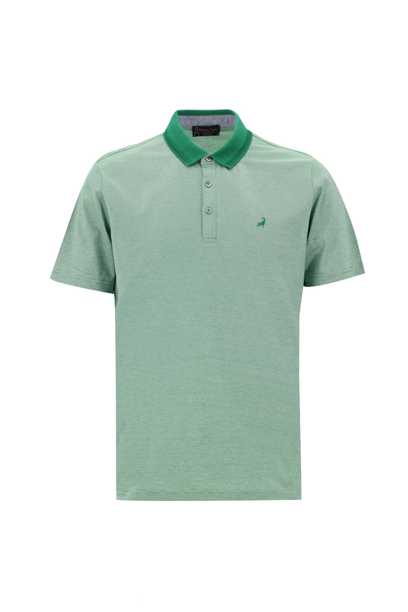 Çimen Yeşili Polo Yaka Regular Fit Nakışlı Merserize Pamuk T-shirt