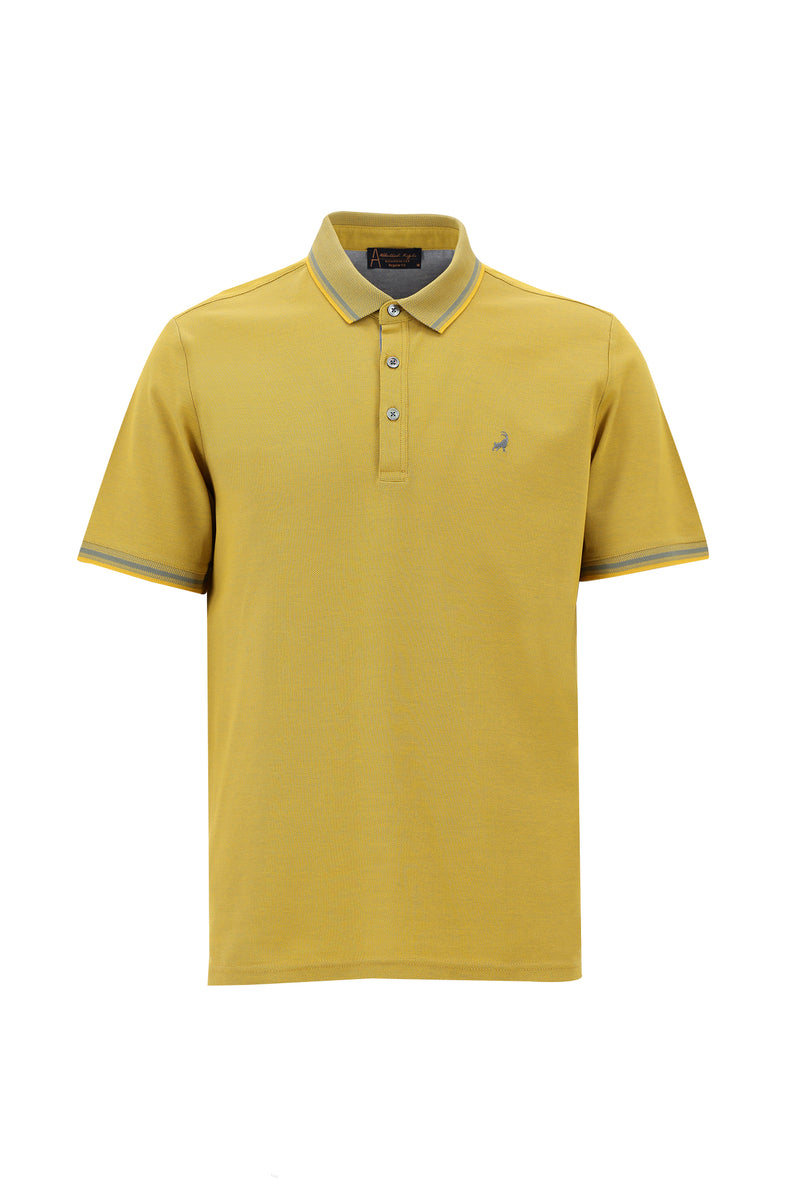 Koyu Sarı Polo Yaka Regular Fit Nakışlı Merserize Pamuk T-shirt