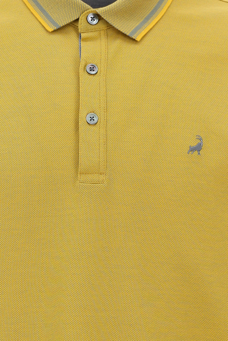 Koyu Sarı Polo Yaka Regular Fit Nakışlı Merserize Pamuk T-shirt