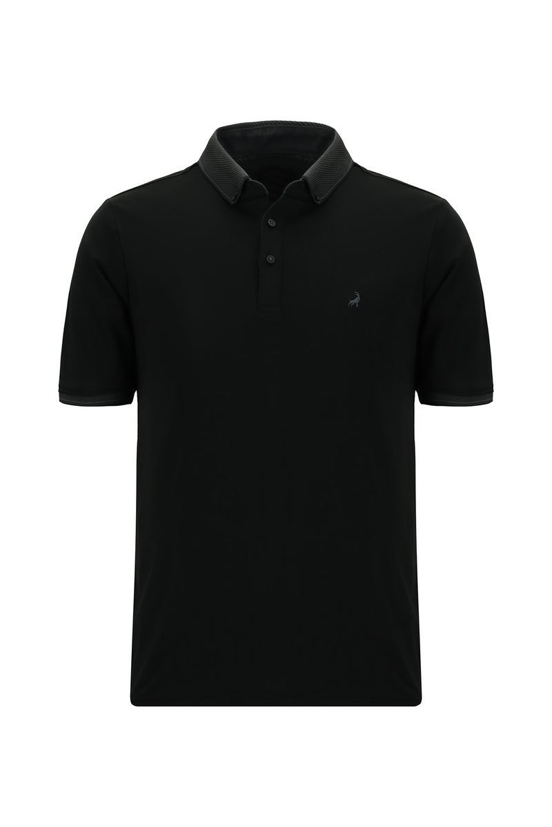 Siyah Regular Fit Desenli Nakışlı Pamuklu Polo Yaka T-shirt