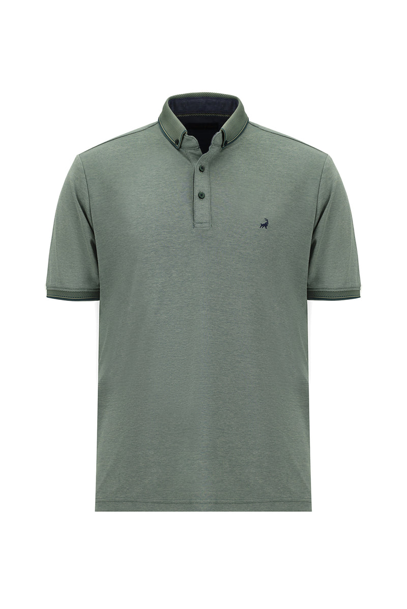 Çimen Yeşili Regular Fit Desenli Nakışlı Pamuklu Polo Yaka T-shirt