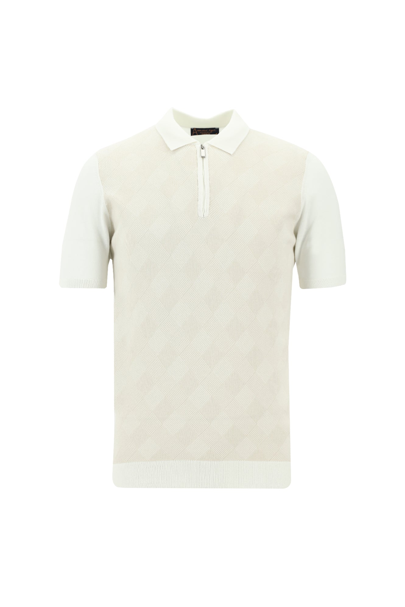 Kırık Beyaz Polo Yaka Regular Fit Fermuarlı Desenli Pamuklu T-shirt