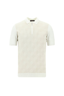 Kırık Beyaz Polo Yaka Regular Fit Fermuarlı Desenli Pamuklu T-shirt