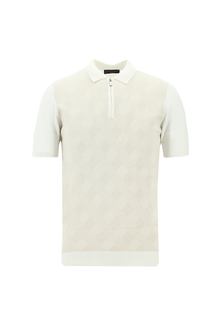 Kırık Beyaz Polo Yaka Regular Fit Fermuarlı Desenli Pamuklu T-shirt