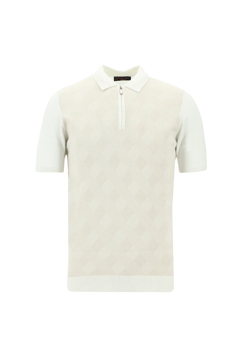 Kırık Beyaz Polo Yaka Regular Fit Fermuarlı Desenli Pamuklu T-shirt