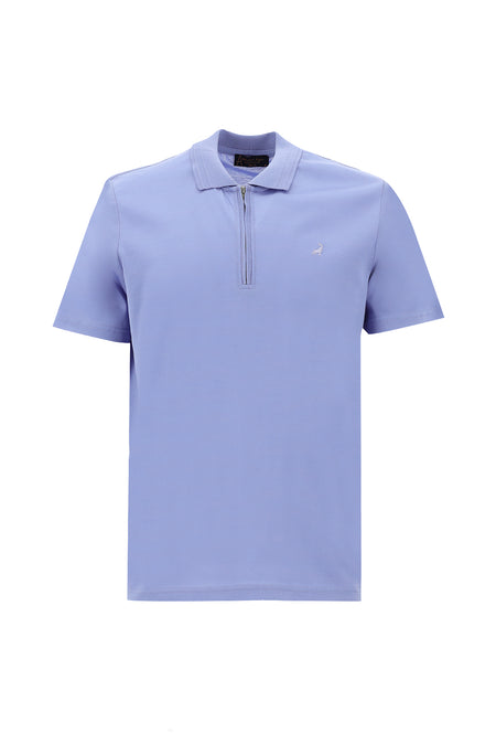 Mavi Polo Yaka Slim Fit Dar Kesim Fermuarlı Nakışlı Merserize Pamuk T-shirt