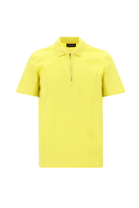 Açık Sarı Polo Yaka Slim Fit Dar Kesim Fermuarlı Nakışlı Merserize Pamuk T-shirt