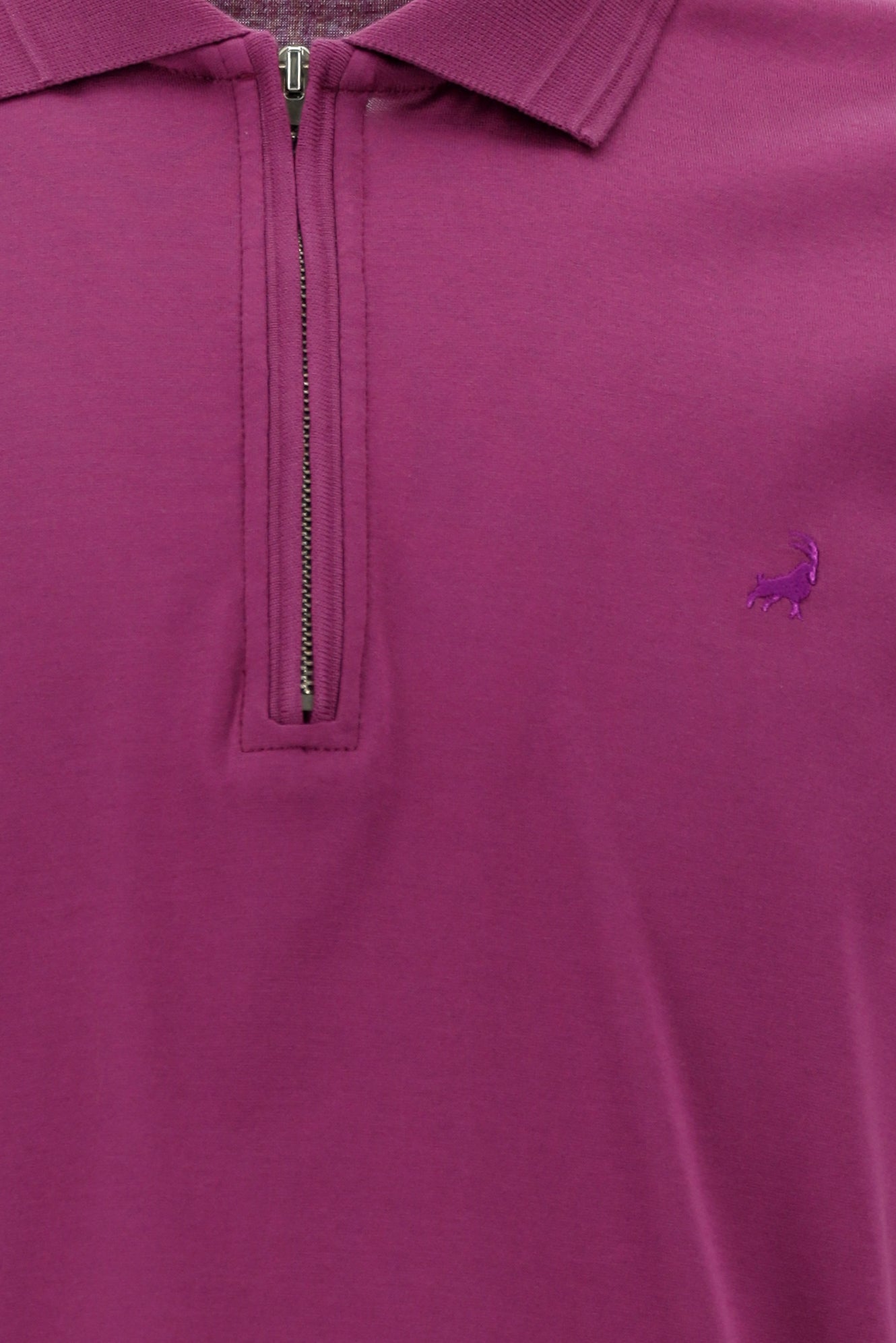 Fuşya Polo Yaka Slim Fit Dar Kesim Fermuarlı Nakışlı Merserize Pamuk T-shirt