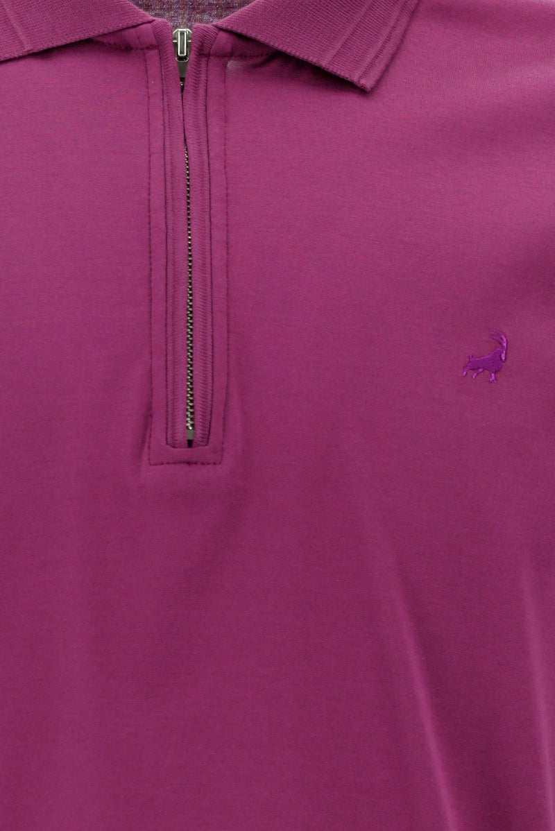 Fuşya Polo Yaka Slim Fit Dar Kesim Fermuarlı Nakışlı Merserize Pamuk T-shirt