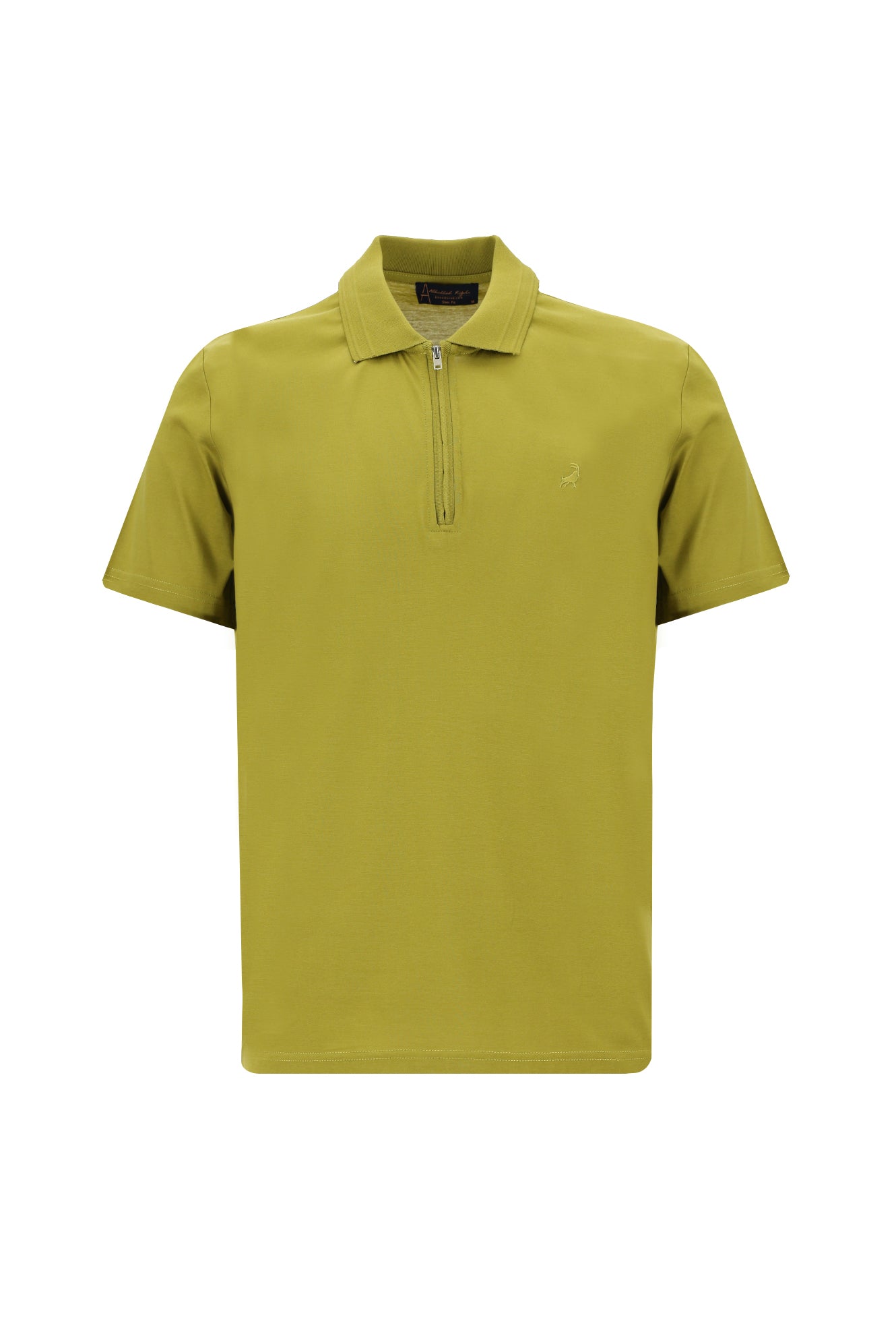 Yağ Yeşili-Olive Polo Yaka Slim Fit Dar Kesim Fermuarlı Nakışlı Merserize Pamuk T-shirt