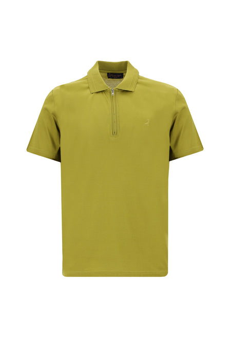 Yağ Yeşili-Olive Polo Yaka Slim Fit Dar Kesim Fermuarlı Nakışlı Merserize Pamuk T-shirt