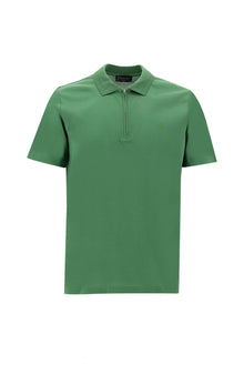 Orman Yeşili Polo Yaka Slim Fit Dar Kesim Fermuarlı Nakışlı Merserize Pamuk T-shirt