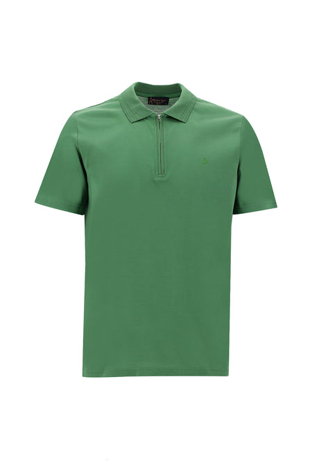 Orman Yeşili Polo Yaka Slim Fit Dar Kesim Fermuarlı Nakışlı Merserize Pamuk T-shirt