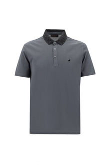 Orta Füme Polo Yaka Slim Fit Dar Kesim Desenli Nakışlı Merserize Pamuk T-shirt