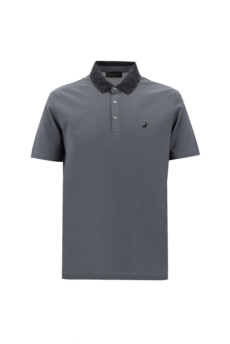 Orta Füme Polo Yaka Slim Fit Dar Kesim Desenli Nakışlı Merserize Pamuk T-shirt