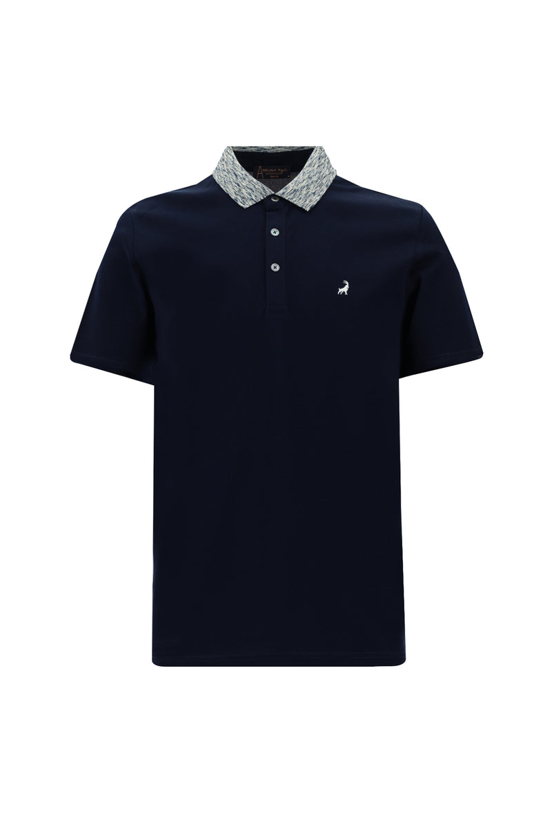 Koyu Lacivert Polo Yaka Slim Fit Dar Kesim Desenli Nakışlı Merserize Pamuk T-shirt