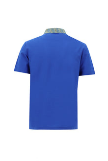 Saks Mavi Polo Yaka Slim Fit Dar Kesim Desenli Nakışlı Merserize Pamuk T-shirt