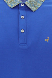 Saks Mavi Polo Yaka Slim Fit Dar Kesim Desenli Nakışlı Merserize Pamuk T-shirt