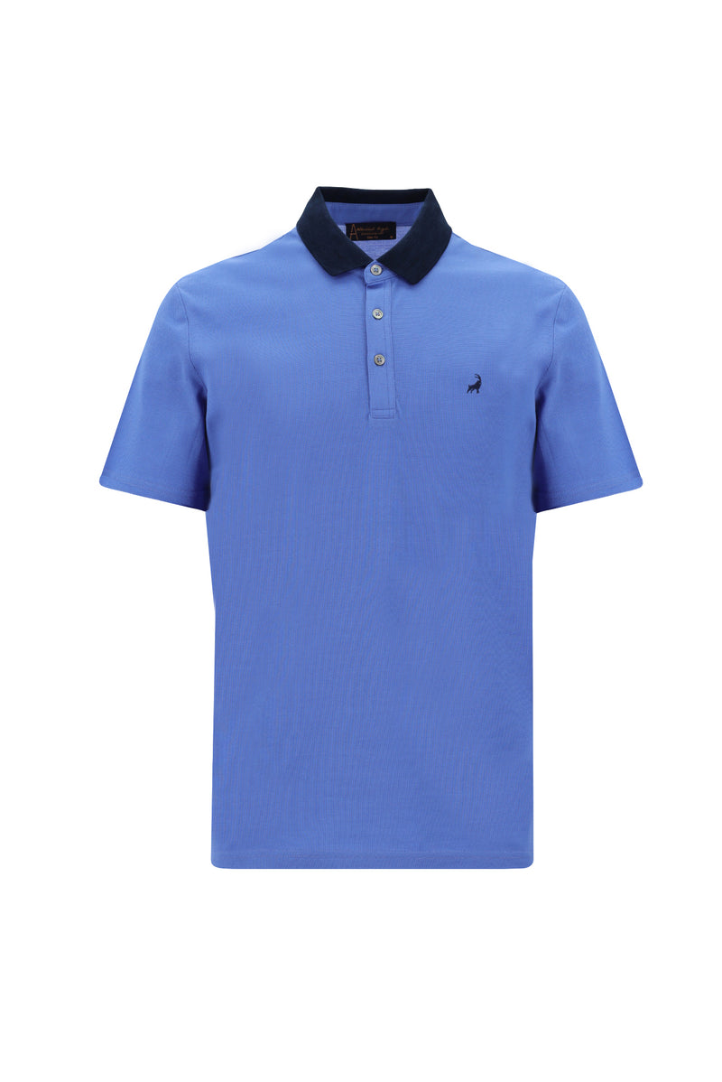 Havacı Mavi Polo Yaka Slim Fit Dar Kesim Desenli Nakışlı Merserize Pamuk T-shirt