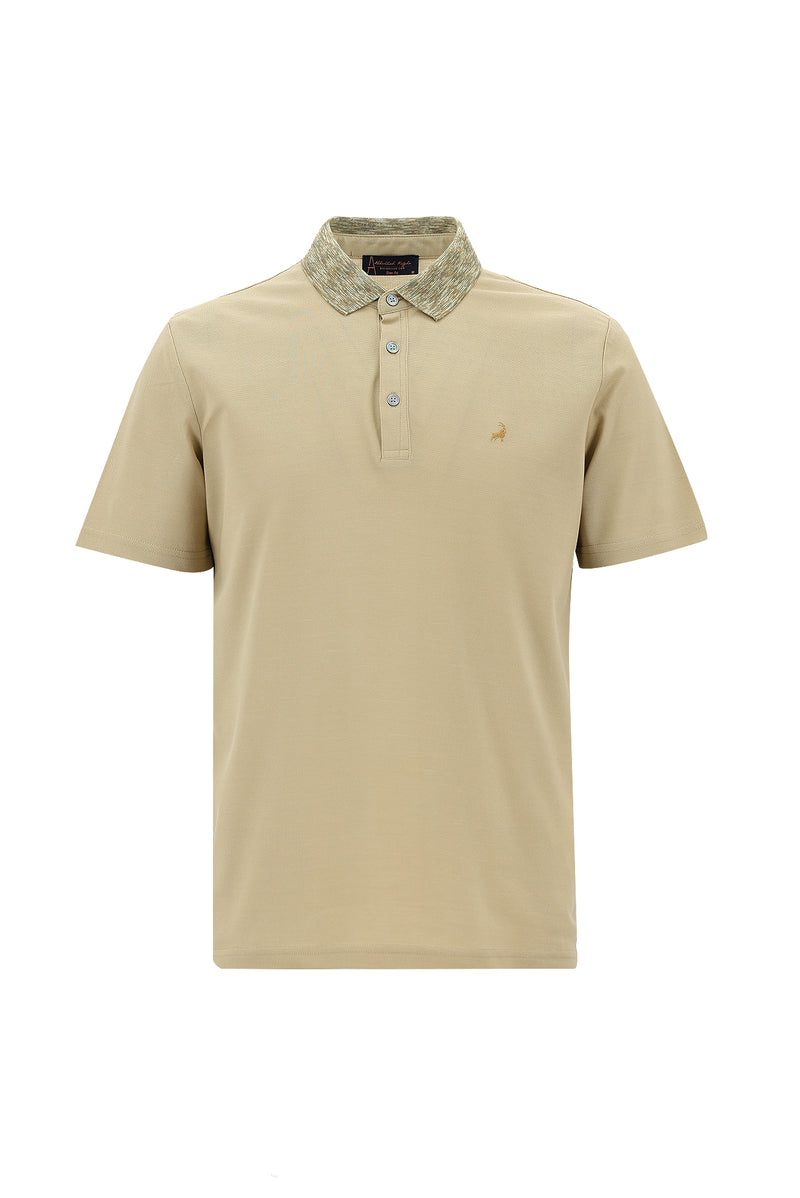 Koyu Bej Polo Yaka Slim Fit Dar Kesim Desenli Nakışlı Merserize Pamuk T-shirt