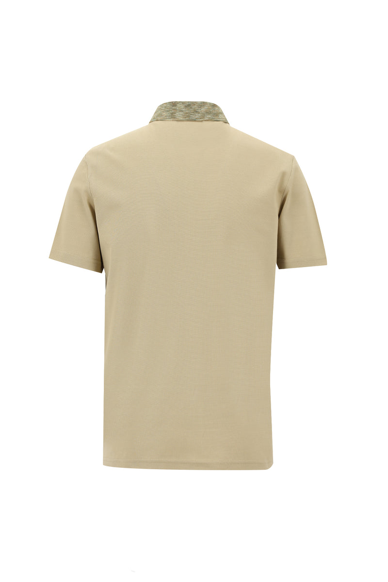 Koyu Bej Polo Yaka Slim Fit Dar Kesim Desenli Nakışlı Merserize Pamuk T-shirt