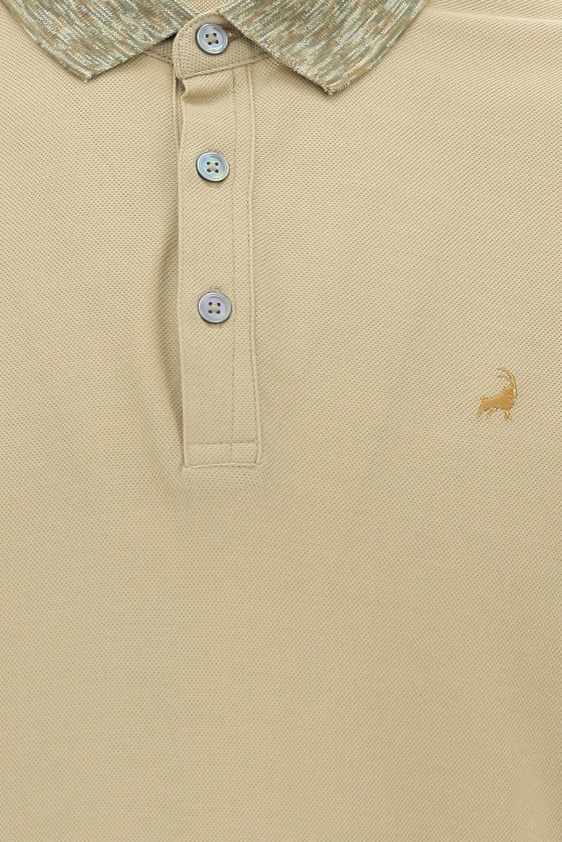 Koyu Bej Polo Yaka Slim Fit Dar Kesim Desenli Nakışlı Merserize Pamuk T-shirt