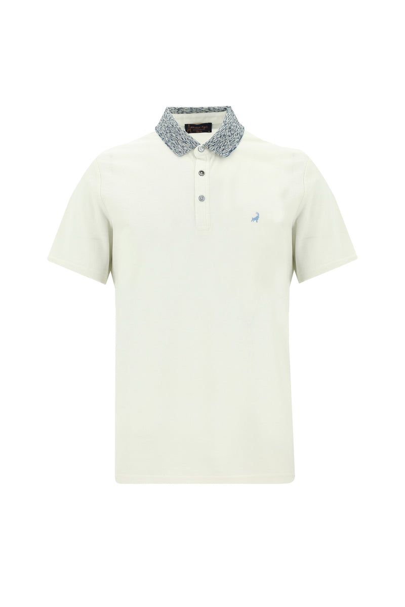 Beyaz Polo Yaka Slim Fit Dar Kesim Desenli Nakışlı Merserize Pamuk T-shirt